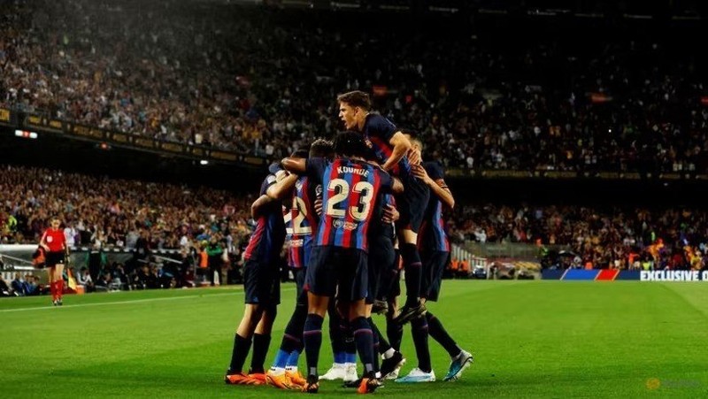 Barcelona’s Andreas Christensen celebrates scoring their first goal with teammates. (Photo: Reuters)