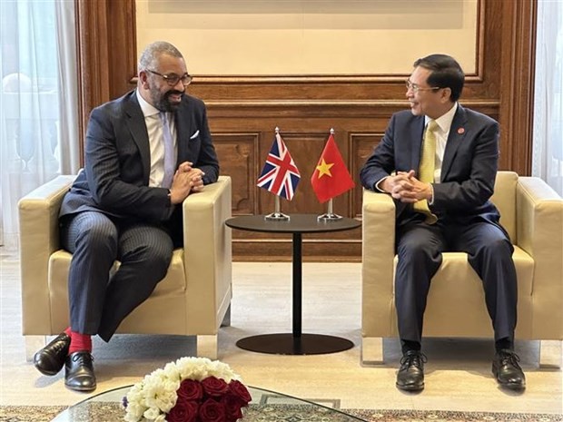 Foreign Minister Bui Thanh Son (R) meets with British Foreign Secretary James Cleverly in Paris on June 7. (Photo: VNA)