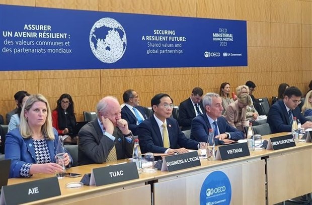 Vietnamese Foreign Minister Bui Thanh Son (front, centre) at a session of the OECD Ministerial Council Meeting 2023 (Photo: VNA)
