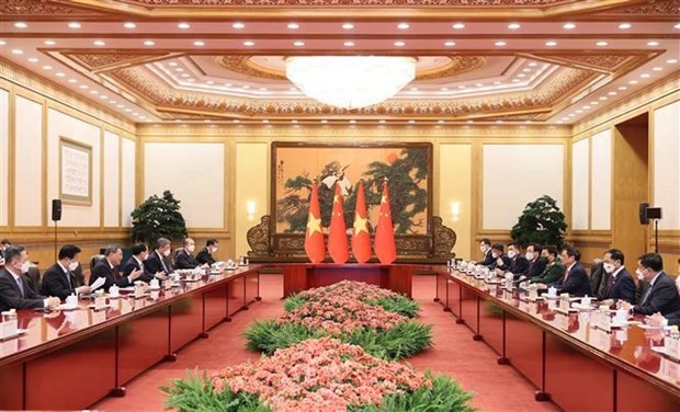 At the talks between Vietnamese Prime Minister Pham Minh Chinh and Chinese Premier Li Qiang. (Photo: VNA)