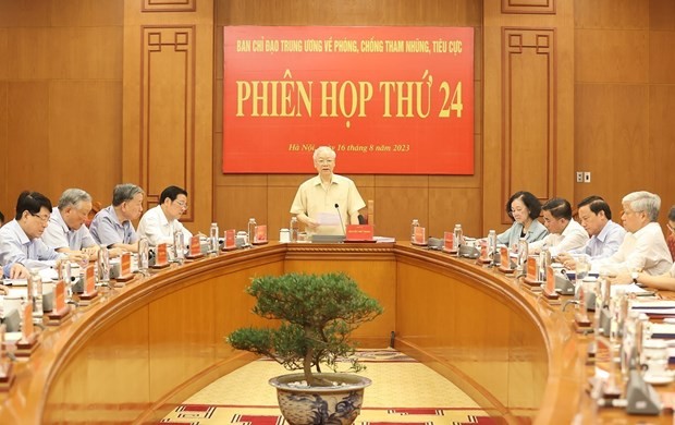 Party General Secretary Nguyen Phu Trong addresses the 24th session of the Central Steering Committee for Corruption and Negative Phenomena Prevention and Control in Hanoi on August 16. (Photo: VNA)