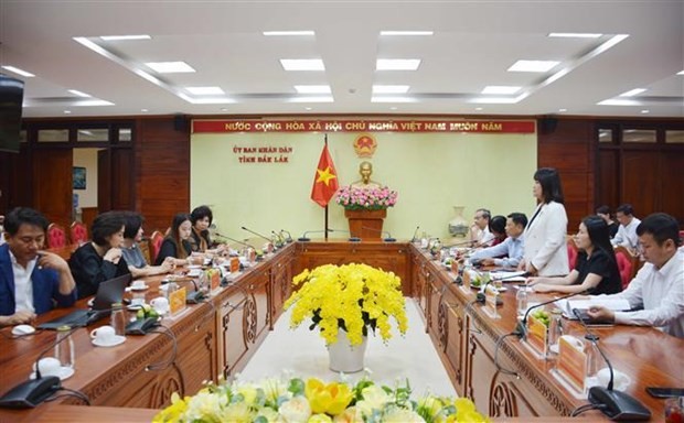 Vice Chairman of the People's Committee of Dak Lak province H'Yim Kdoh holds a working session with the RoK delegation. (Photo: VNA)