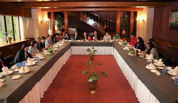 Talks between Secretary of the CPV Central Committee and head of its Commission for Information and Education Nguyen Trong Nghia and General Secretary of the Mexican Labour Party Alberto Anaya Gutierrez (Photo: VNA)