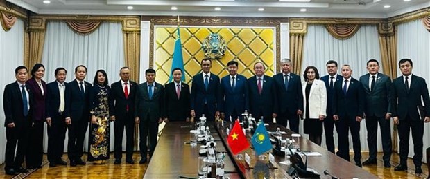 Delegates at the talks between Vietnamese NA Vice Chairman Nguyen Khac Dinh and Speaker of the Senate of Kazakhstan Ashimbayev Maulen Sagathanuly. (Photo: VNA)