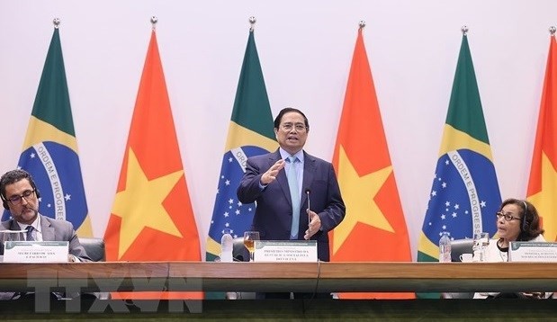 Prime Minister Pham Minh Chinh delivers a policy speech at the Brazilian Ministry of Foreign Affairs. (Photo: VNA)
