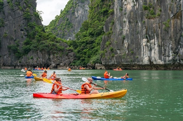 Tourists kayaks across a vast body of water in Ha Long Bay (Photo: VNA)