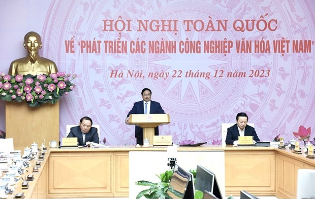 PM Pham Minh Chinh speaks at the teleconference on the development of cultural industries on December 22. (Photo: VNA)
