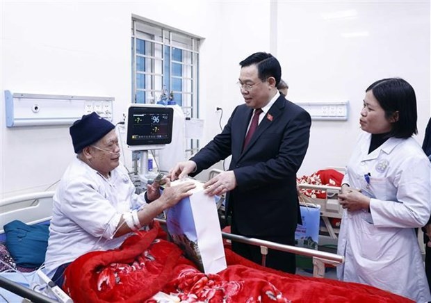 NA Chairman Vuong Dinh Hue visits a patient at Dinh Hoa general hospital (Photo: VNA) 