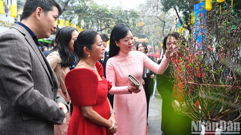 Phan Thi Thanh Tam, the spouse of President Vo Van Thuong introducing Louise Araneta Marcos, the spouse of the President of the Philippines the meaning of peach blossom branches on Tet.