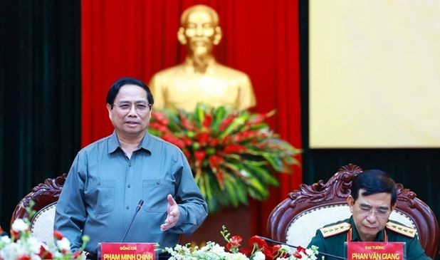 Prime Minister Pham Minh Chinh speaks at the working session with Viettel (Photo: VNA)