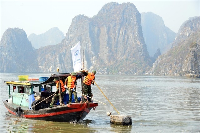 Military officers are involved in the cleanup of the waste and garbage washed into Ha Long Bay during Typhoon Yagi. The three-day cleanup campaign began on September 15. (Photo: VNA)