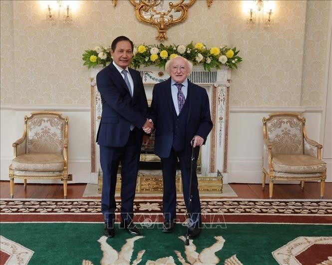 Vietnamese Ambassador to the UK and Ireland Do Minh Hung (L) and Irish President Michael D. Higgins. (Photo: VNA)