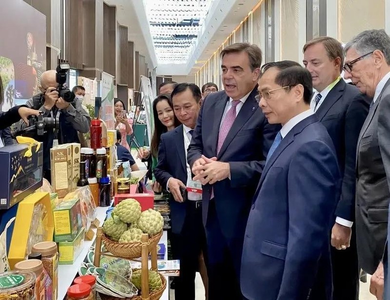 Deputy Prime Minister and Minister of Foreign Affairs Bui Thanh Son visits a Vietnamese booth at the event. (Photo: VNA)