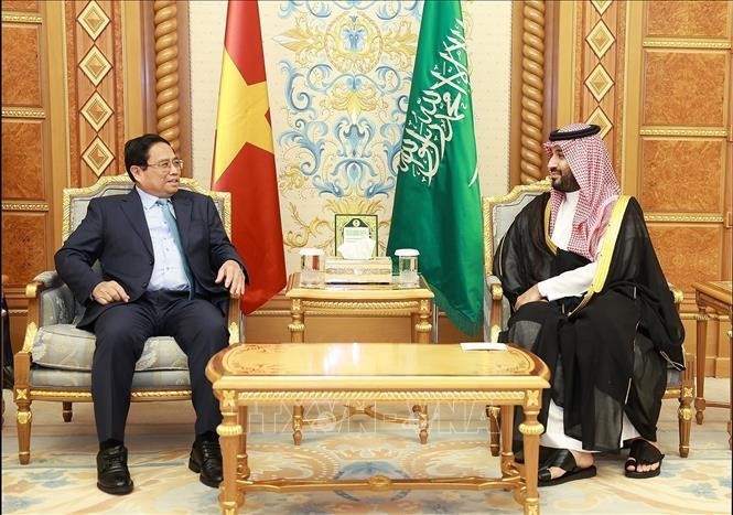 Prime Minister Pham Minh Chinh (L) meets with Saudi Arabia's Crown Prince and Prime Minister Mohammed bin Salman bin Abdulaziz Al Saud in Riyadh on October 29 (local time) (Photo: VNA)