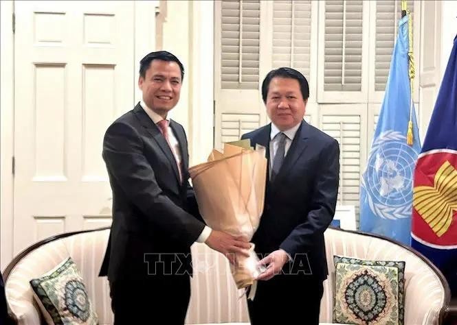 Ambassador Dang Hoang Giang (L), head of Vietnam's Permanent Mission to the United Nations, congratulates his Lao counterpart Ambassador Anouparb Vongnorkeo on the occasion of Laos’ 49th National Day (December 2, 1975 – 2024). (Photo: VNA)