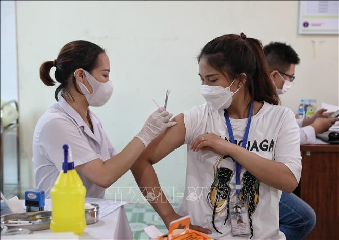 A woman receives a dose of COVID-19 vaccine (Photo: VNA)