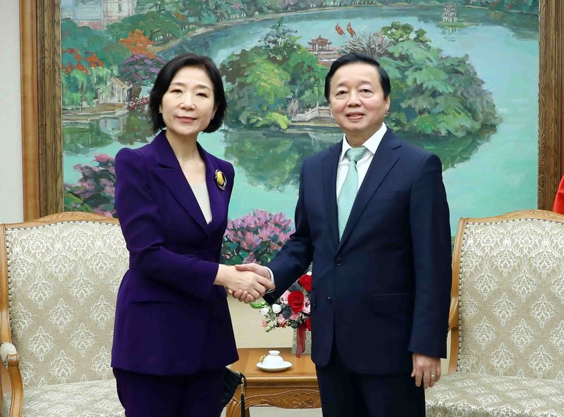 Deputy PM Tran Hong Ha (R) and the RoK's Ambassador to Vietnam Oh Young-ju at the meeting in Hanoi on April 14. (Photo: VNA)