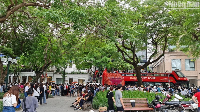 Tourists queue up for free double-decker ride in Hanoi (Photo: NDO)