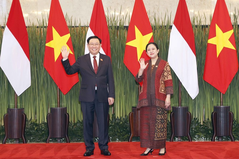 NA Chairman Vuong Dinh Hue (L) and Speaker of the People’s Representative Council of Indonesia Puan Maharani pose for a photo before their talks in Jakarta on August 4. (Photo: VNA)