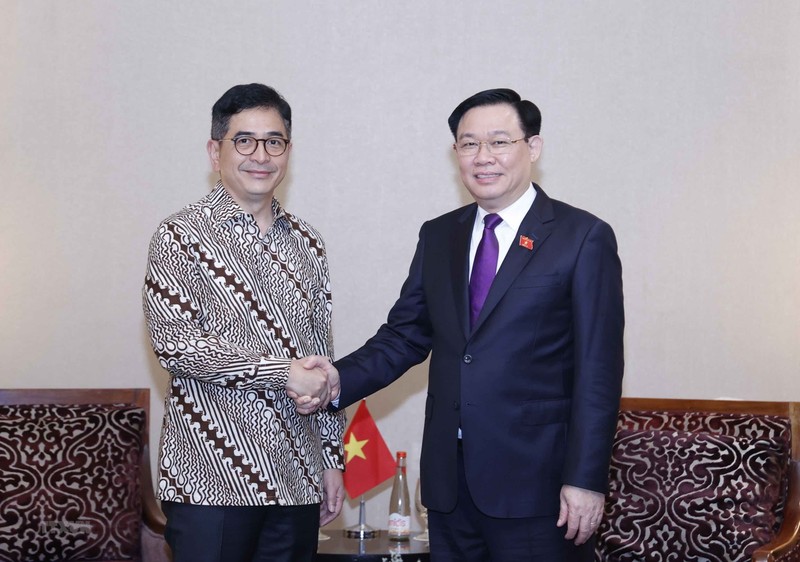 NA Chairman Vuong Dinh Hue (R) and KADIN Chairman M. Arsjad Rasjid P. M. at a meeting in Jakarta on August 5. (Photo: VNA)