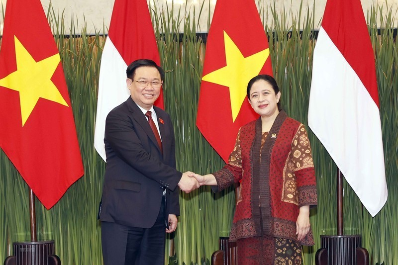 NA Chairman Vuong Dinh Hue (L) and Speaker of the People’s Representative Council of Indonesia Puan Maharani (Photo: VNA)