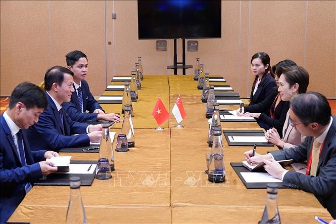At the meeting between Vietnamese Deputy Minister of Public Security Senior Lieutenant General Luong Tam Quang and Singaporean Minister of Communications and Information and Minister in charge of Cyber Security Josephine Teo (Photo: VNA)
