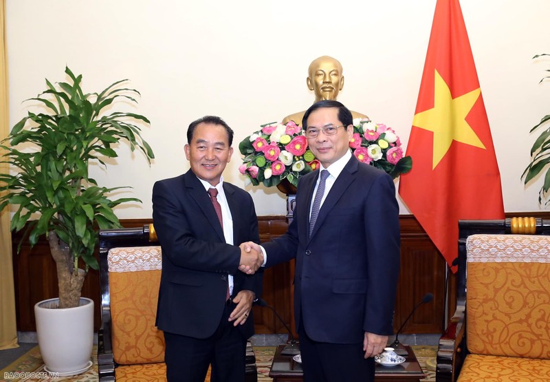 Minister of Foreign Affairs Bui Thanh Son (right) and Lao Deputy Minister of Foreign Affairs Ting Souksanh at the reception (Photo: baoquocte.vn)