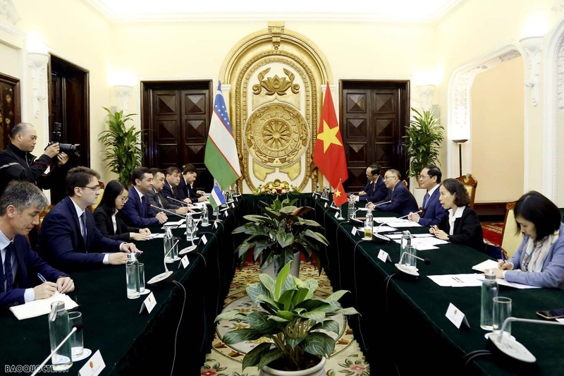 At the talks between Minister of Foreign Affairs Bui Thanh Son his visiting Uzbek counterpart Bakhtiyor Saidov in Hanoi on March 18. (Photo: baoquocte.vn)
