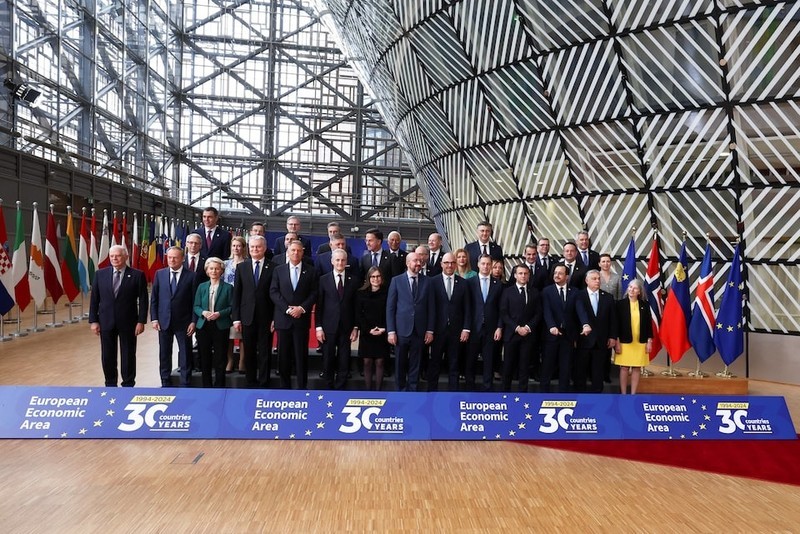European Union leaders pose for a family photo together with their counterparts of the European Economic Area, Iceland, Norway, and Liechtenstein to mark the 30th anniversary of their relationship in Brussels, Belgium, March 22, 2024. (Photo: REUTERS/Yves Herman)