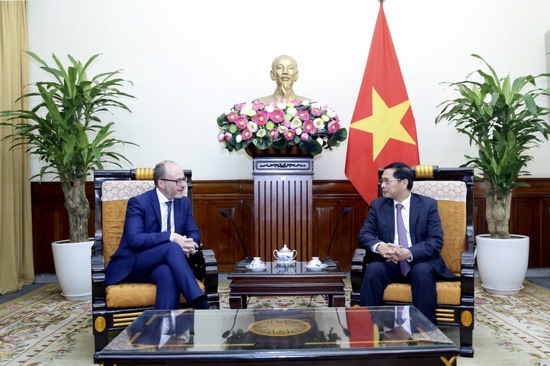 Minister of Foreign Affairs Bui Thanh Son (right) and Diego Martinez Belio, State Secretary for Foreign and Global Affairs of Spain, at their meeting in Hanoi on April 16 (Photo: VNA)
