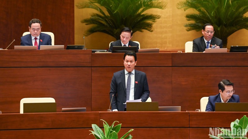 Minister of Natural Resources and Environment Dang Quoc Khanh speaks at the session. (Photo: NDO)