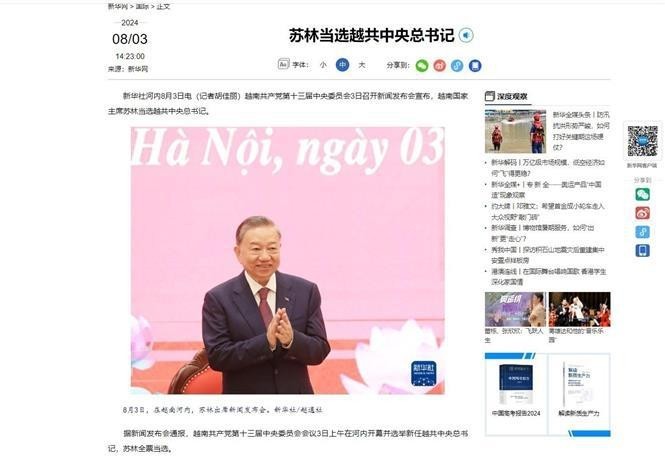 Xinhua News Agency of China reports on General Secretary and President To Lam's statement at a press conference right after the 13th Party Central Committee’s meeting on August 3 (Photo: Screenshots)