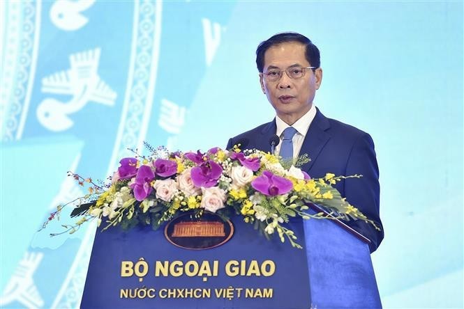 Foreign Minister Bui Thanh Son addresses the opening of the 4th World Conference of Overseas Vietnamese (OV) and the 2024 forum of OV intellectuals and experts (Photo: VNA)