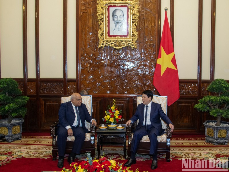 State President Luong Cuong (right) and outgoing Cuban Ambassador to Vietnam Orlando Nicolas Hernandez Guillen at the meeting in Hanoi on November 7 (Photo: VNA)