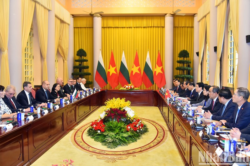 An overview of the talks between Vietnamese State President Luong Cuong and Bulgarian President Rumen Radev in Hanoi on November 25. (Photo: NDO)