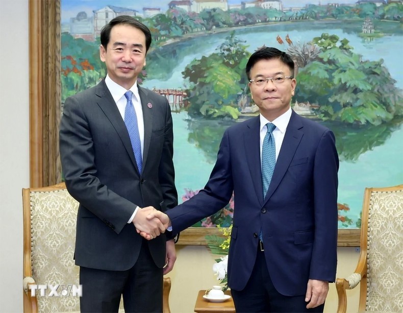 Deputy Prime Minister Le Thanh Long (R) receives Chinese Ambassador to Vietnam He Wei in Hanoi on December 25. (Photo: VNA)