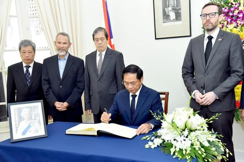 Foreign Minister Bui Thanh Son writes in the book of condolences. (Photo: Ministry of Foreign Affairs)