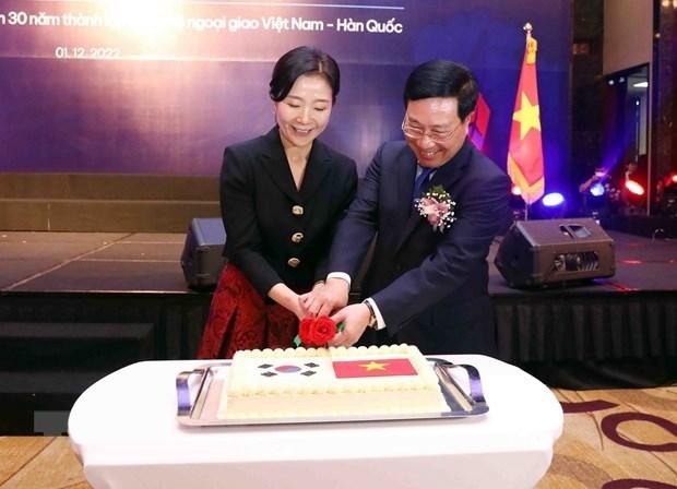 Permanent Deputy Prime Minister Pham Binh Minh (R) and RoK Ambassador Oh Young-ju cut a cake in celebration of the RoK's National Liberation Day and 30 years of the two countries’ diplomatic ties at the ceremony on December 1. (Photo: VNA)