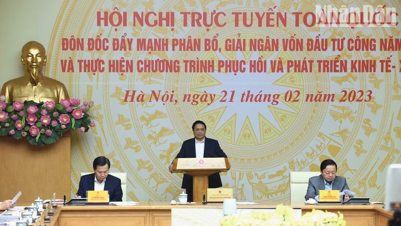 Prime Minister Pham Minh Chinh speaking at the national teleconference (Photo: TRAN HAI/NDO)