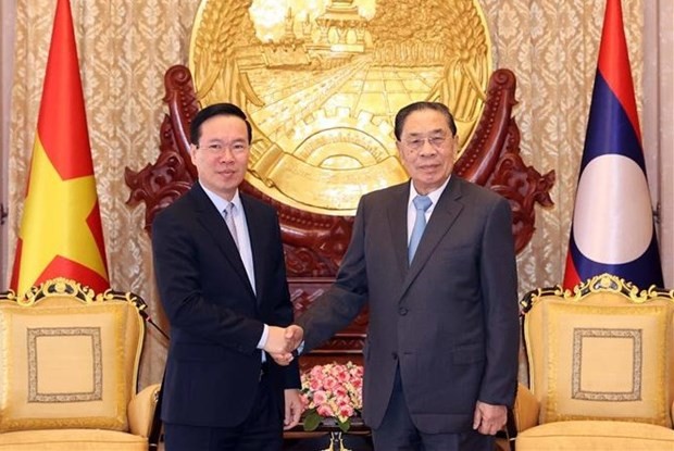 President Vo Van Thuong (L) and former Party General Secretary and President Choummaly Sayasone (Photo: VNA)