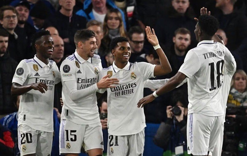 Real Madrid’s Rodrygo celebrates scoring their second goal with teammates. (Photo: Reuters)