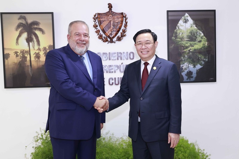 Cuban Prime Minister Manuel Marrero Cruz welcomes National Assembly Chairman Vuong Dinh Hue. (Photo: Doan Tan/VNA)