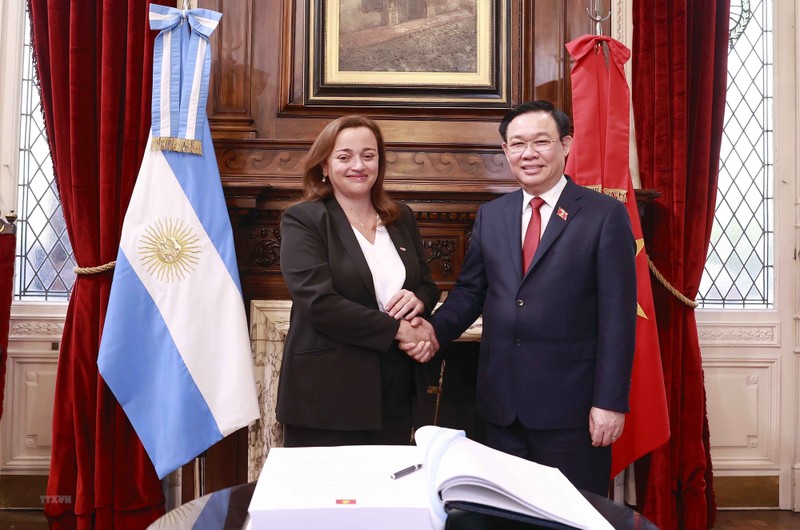 NA Chairman Vuong Dinh Hue and President of the Chamber of Deputies of Argentina Cecilia Moreau pose for a photo before holding talks. (Photo: VNA)