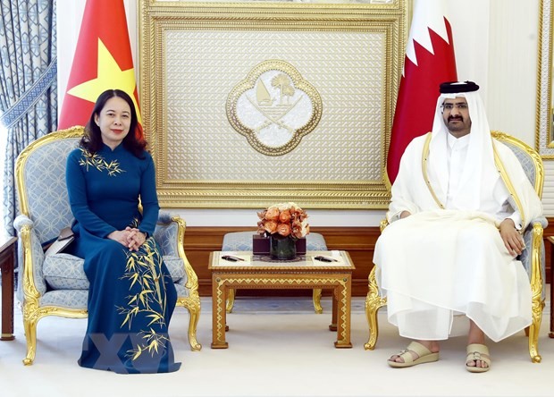 Vice President Vo Thi Anh Xuan and Deputy Amir of the State of Qatar Sheikh Abdullah Bin Hamad Al Thani at their talks in Doha on May 7 (Photo: VNA)