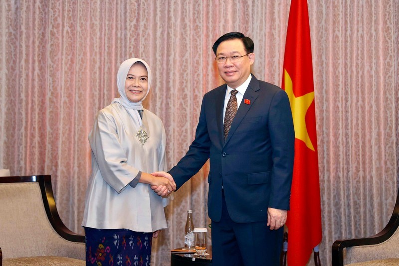 National Assembly Chairman Vuong Dinh Hue (R) meets with Chairperson of the Audit Board of Indonesia (BPK) Isma Yatun in Jakarta on August 5 (Photo: VNA)