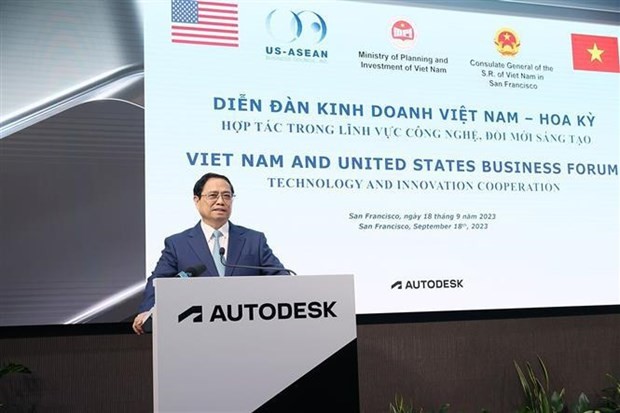 PM Pham Minh Chinh speaks at the Vietnam - US business forum on technology and innovation cooperation in San Francisco on September 18. (Photo: VNA)