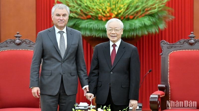 General Secretary of the Communist Party of Vietnam (CPV) Central Committee Nguyen Phu Trong (R) and Chairman of the State Duma of the Federal Assembly of the Russian Federation Vyacheslav Victorovich Volodin. (Photo: NDO)