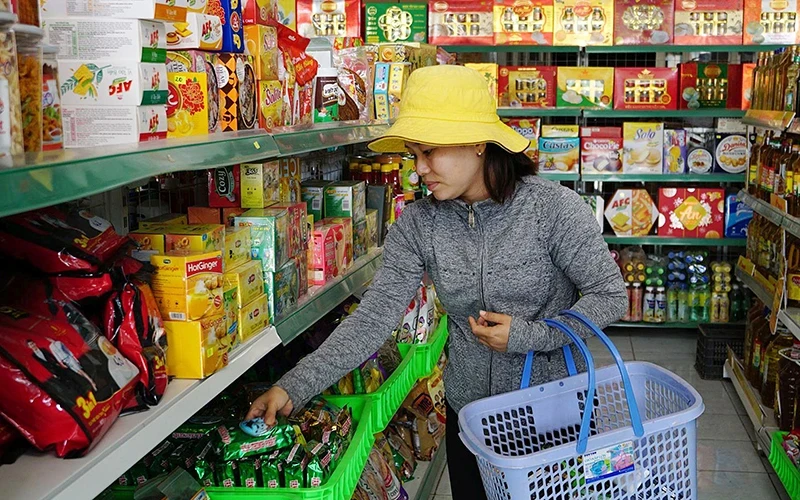 A consumer is shopping at a store that sells Vietnamese products in Chau Thanh District, Tay Ninh Province (Photo: NHI TRAN)