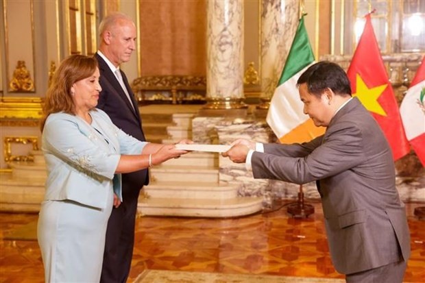 Ambassador Bui Van Nghi (R) presents his credentials to Peruvian President Dina Boluarte on February 8. (Photo: VNA)