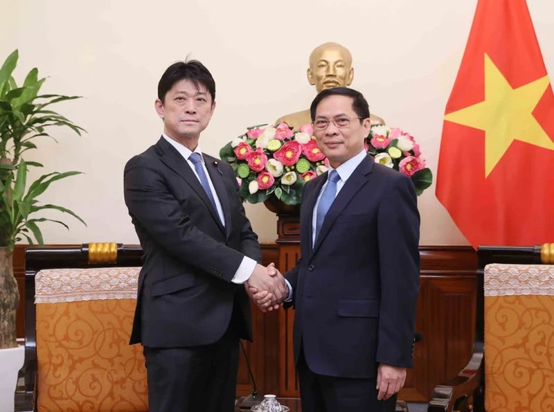 Minister of Foreign Affairs Bui Thanh Son (R) and Komura Masahiro, member of the House of Representatives and Vice-Minister for Foreign Affairs of Japan, at the meting in Hanoi on March 12 (Photo: VNA)